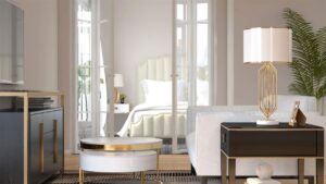 A family uses a touchscreen control panel to adjust lighting and temperature in a high-end living room.