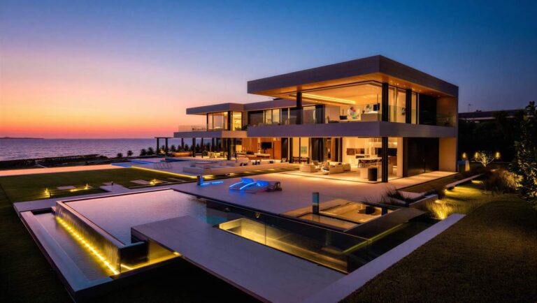 A spacious oceanfront home with landscaped grounds and modern outdoor living spaces overlooking the water.
