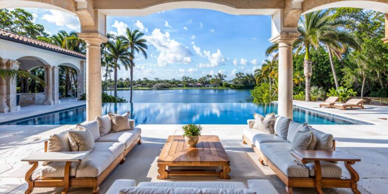 A coastal luxury home with landscaped grounds and large windows overlooking a pool and golf course.