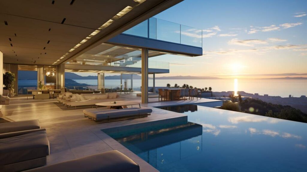 A couple reviews financial charts beside architectural plans at a bright coastal home.