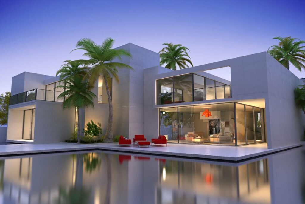 A well-dressed real estate agent discussing property details with clients inside a spacious, upscale living room.