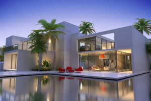 A well-dressed real estate agent discussing property details with clients inside a spacious, upscale living room.